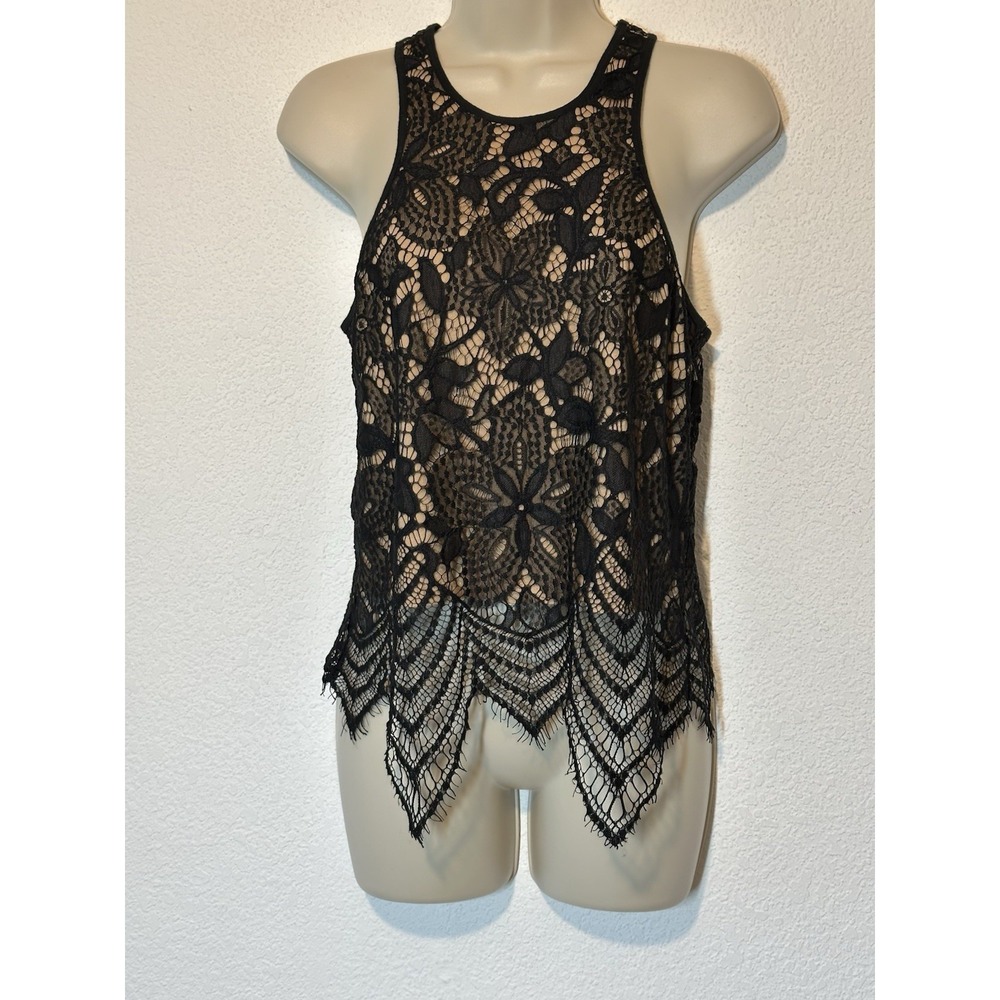 Express Tank Top Crochet Lace Black Nude Lining Small Coquette Dainty Fairy Goth